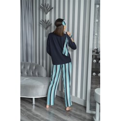 For You Sleepwear 5 Pcs Striped Viscose Navy Long Sleeve Pajamas Set