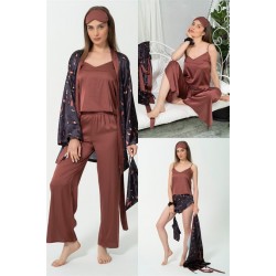 For You Sleepwear 7 Piece Satin Leopard Pattern Coffee Pajama Set