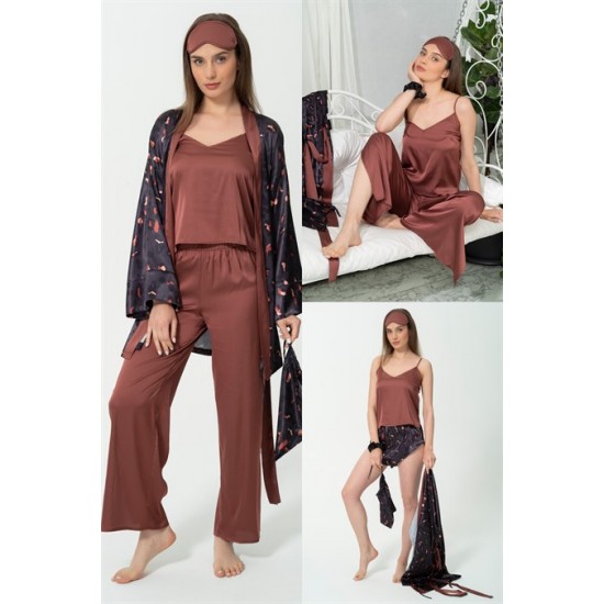 For You Sleepwear 7 Piece Satin Leopard Pattern Coffee Pajama Set