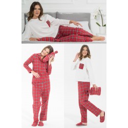 For You Moda Women's 5 Piece Slippers Red Plaid Pajamas Set