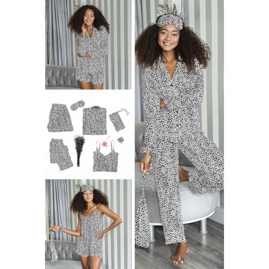 For You Fashion Women's Satin 7 Piece Black Polka Dot White Pajama Set