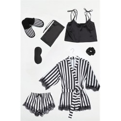 For You Moda Women's 7 Piece Black-White Striped Satin Athlete Shorts Set