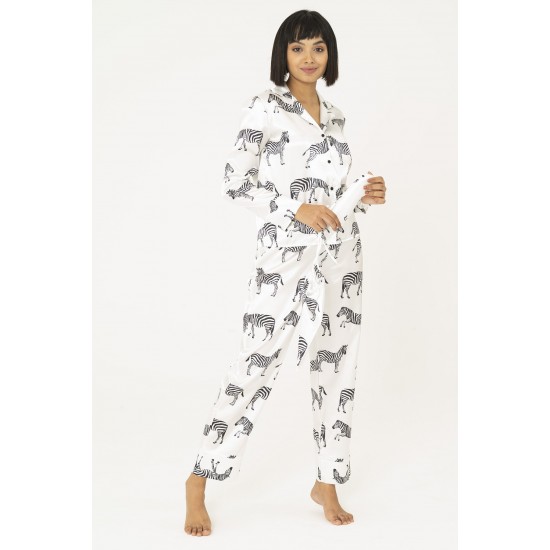 For You Moda Women's 7 Piece Zebra Patterned White Satin Pajamas Set