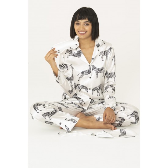 For You Moda Women's 7 Piece Zebra Patterned White Satin Pajamas Set