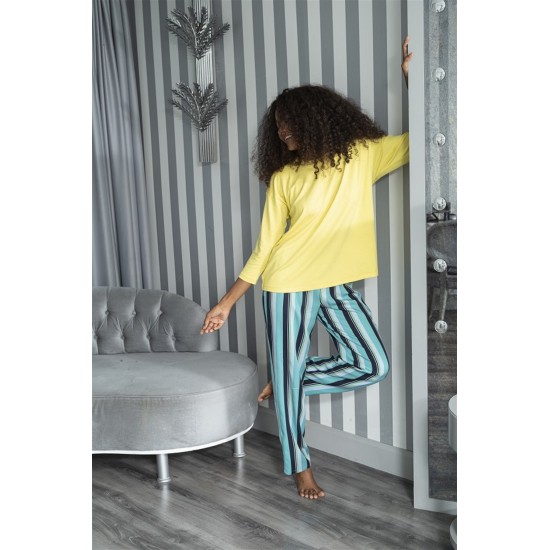 For You Sleepwear 2 Pcs Striped Viscose Yellow Long Sleeve Pajamas Set