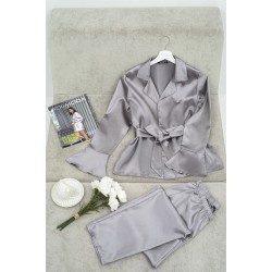 For You Moda Women's 2 Pieces Satin Belt Gray Pajamas Set