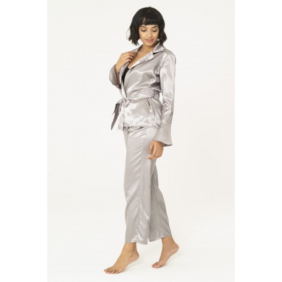 For You Moda Women's 2 Pieces Satin Belt Gray Pajamas Set