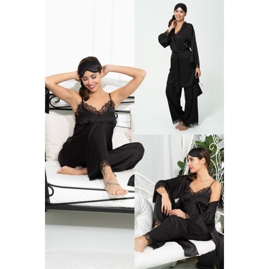 For You Sleepwear 6 Pieces Lacy Dressing Gown Athlete Pants Black Pajama Set