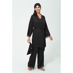 For You Sleepwear 6 Pieces Lacy Dressing Gown Athlete Pants Black Pajama Set