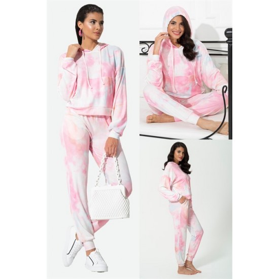 For You In&Out 2-pack Inside and Outside Batik Pattern Hooded Pink Bottom Top Set 