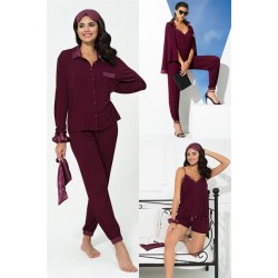 For You In&Out 7 Piece Satin Detailed Combed Cotton Purple Pajamas Set