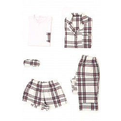 For You Moda Women's Cotton 5 Pieces Pink Plaid Pajamas Set