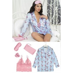 For You Sleepwear Satin 5 Piece Flamingo Patterned Nightshirt Set