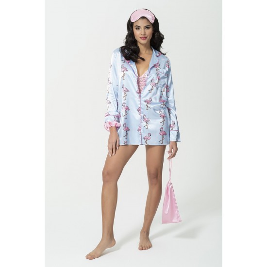 For You Sleepwear Satin 5 Piece Flamingo Patterned Nightshirt Set