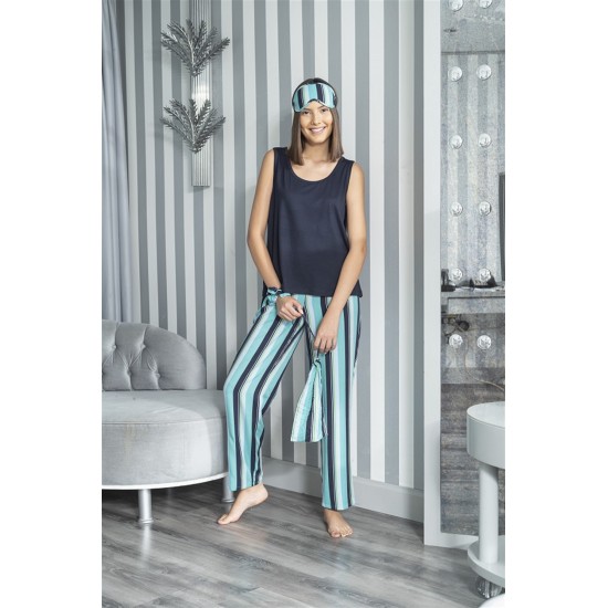 For You Sleepwear 5 Pcs Striped Viscose Navy Blue Singlet Pajamas Set