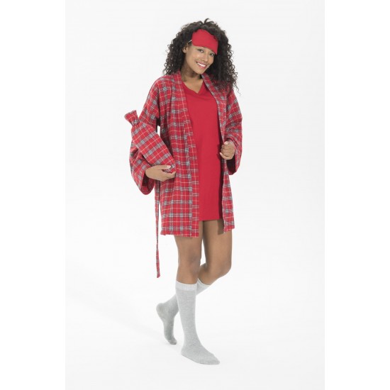 For You Moda Women's 7 Piece Plaid Cotton Dressing Gown Pajamas Set