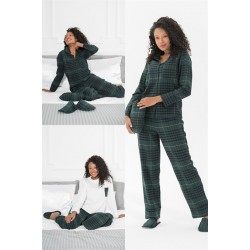 For You Moda Women's 5 Pieces Slippers Green Plaid Pajamas Set