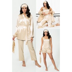 For You Sleepwear 7 Pieces Champagne Satin Pajamas Set