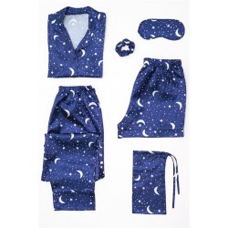 For You Moda Women's 6-Piece Moon and Star Pattern Satin Pajamas Set