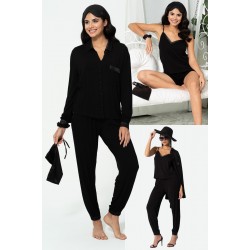 For You In&Out 7 Piece Satin Detailed Combed Black Pajama Set