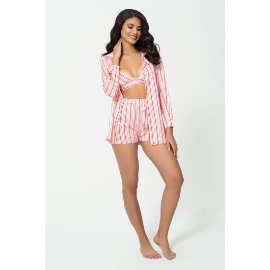 For You Sleepwear 3 Piece Striped Bustier Pink Satin Pajamas Set