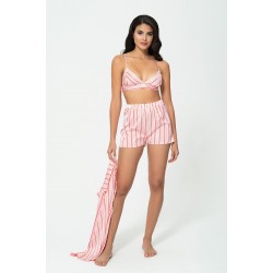 For You Sleepwear 3 Piece Striped Bustier Pink Satin Pajamas Set