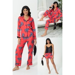 For You Sleepwear 7 Pack Tiger Pattern Red Satin Pajama Set