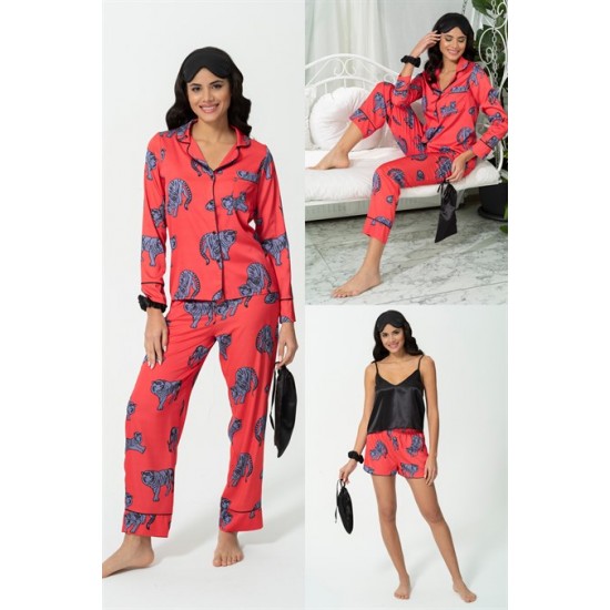 For You Sleepwear 7 Pack Tiger Pattern Red Satin Pajama Set