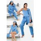 For You In&Out 7 Pieces Inside and Outside Satin Tie Blue Pajama Set