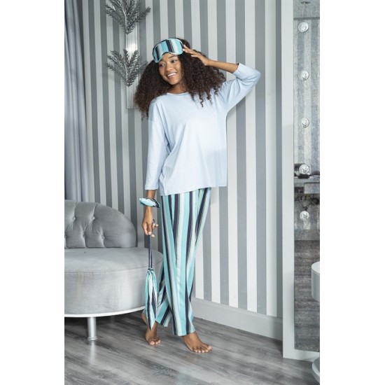 For You Sleepwear 5 Pcs Striped Viscose Blue Long Sleeve Pajamas Set