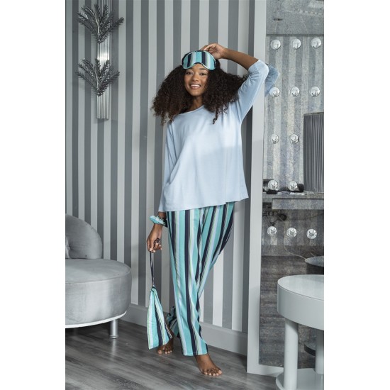 For You Sleepwear 5 Pcs Striped Viscose Blue Long Sleeve Pajamas Set