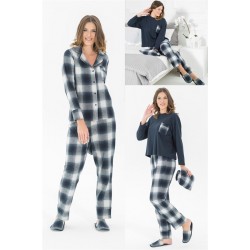 For You Moda Women 5 Pieces Slippers Navy Blue Plaid Black Pajamas Set