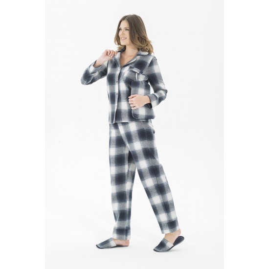 For You Moda Women 5 Pieces Slippers Navy Blue Plaid Black Pajamas Set