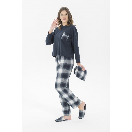 For You Moda Women 5 Pieces Slippers Navy Blue Plaid Black Pajamas Set