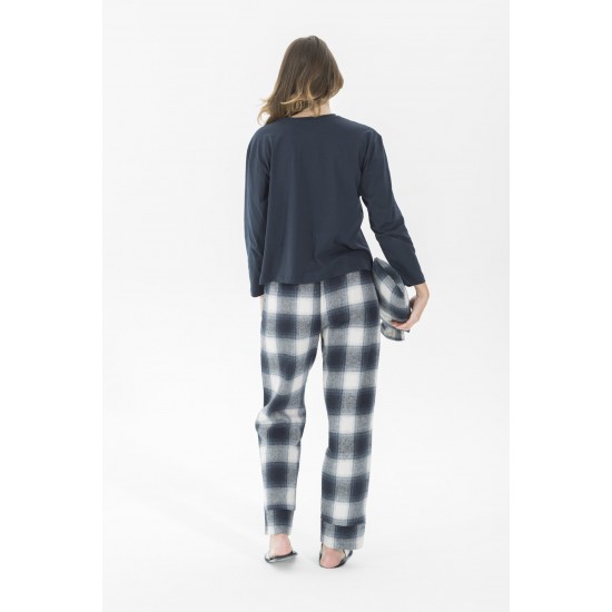 For You Moda Women 5 Pieces Slippers Navy Blue Plaid Black Pajamas Set