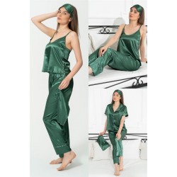 For You Sleepwear Satin 6 Piece Leopard Patterned Piping Detailed Green Pajama Set