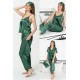 For You Sleepwear Satin 6 Piece Leopard Patterned Piping Detailed Green Pajama Set