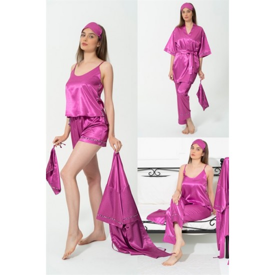 For You Sleepwear Satin 7 Pack Leopard Patterned Piping Detailed Pink Pajamas Set