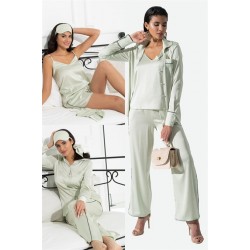 For You In&Out 7 Pieces Green Pajamas Set With Satin Tie Inside and Outside