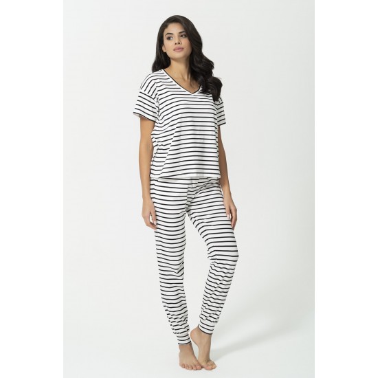 For You Loungewear V-Neck Striped White Suit