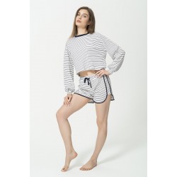 For You Moda Women's 2 Piece Cotton Black Striped White Shorts Set