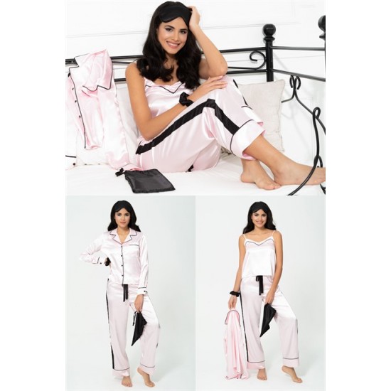 For You Sleepwear Set of 6 Satin Black Striped Pink Pajamas Set