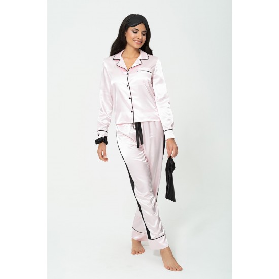 For You Sleepwear Set of 6 Satin Black Striped Pink Pajamas Set