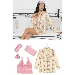 For You Sleepwear Satin 5 Piece Flemingo Patterned Nightshirt Set