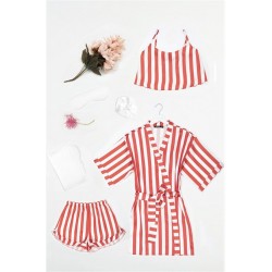 For You Sleepwear 6 Pcs Red White Striped Satin Dressing Gown Shorts Set