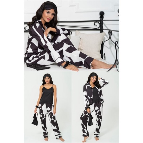 For You Sleepwear 6 Piece Asymmetrical Black and White Satin Pajamas Set