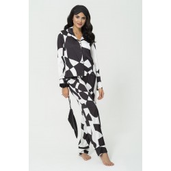 For You Sleepwear 6 Piece Asymmetrical Black and White Satin Pajamas Set