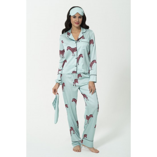 For You Sleepwear 6 Pcs Zebra Pattern Green Satin Pajamas Set