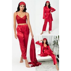 For You Sleepwear 4 Piece Dressing Gown and Bustier Pants Red Set