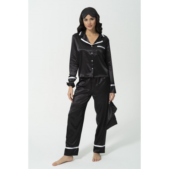 For You Sleepwear 5 Pieces Satin White Striped Black Pajamas Set